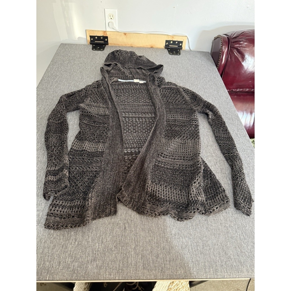Roxy Womens Charcoal Grey Pointelle Knit Open Front Hooded Cardigan Sweater Sz S